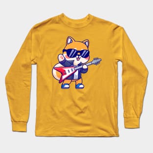 Cute Shiba Inu Playing Electric Guitar Cartoon Long Sleeve T-Shirt